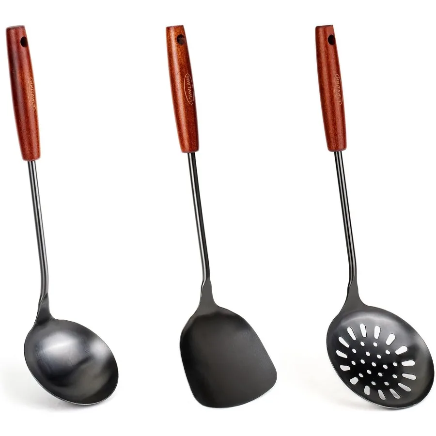 

Wok Spatula and LadleSkimmer Ladle Tool Set 17inches Spatula for Wok 304 Stainless Steel Wok Spatula Black