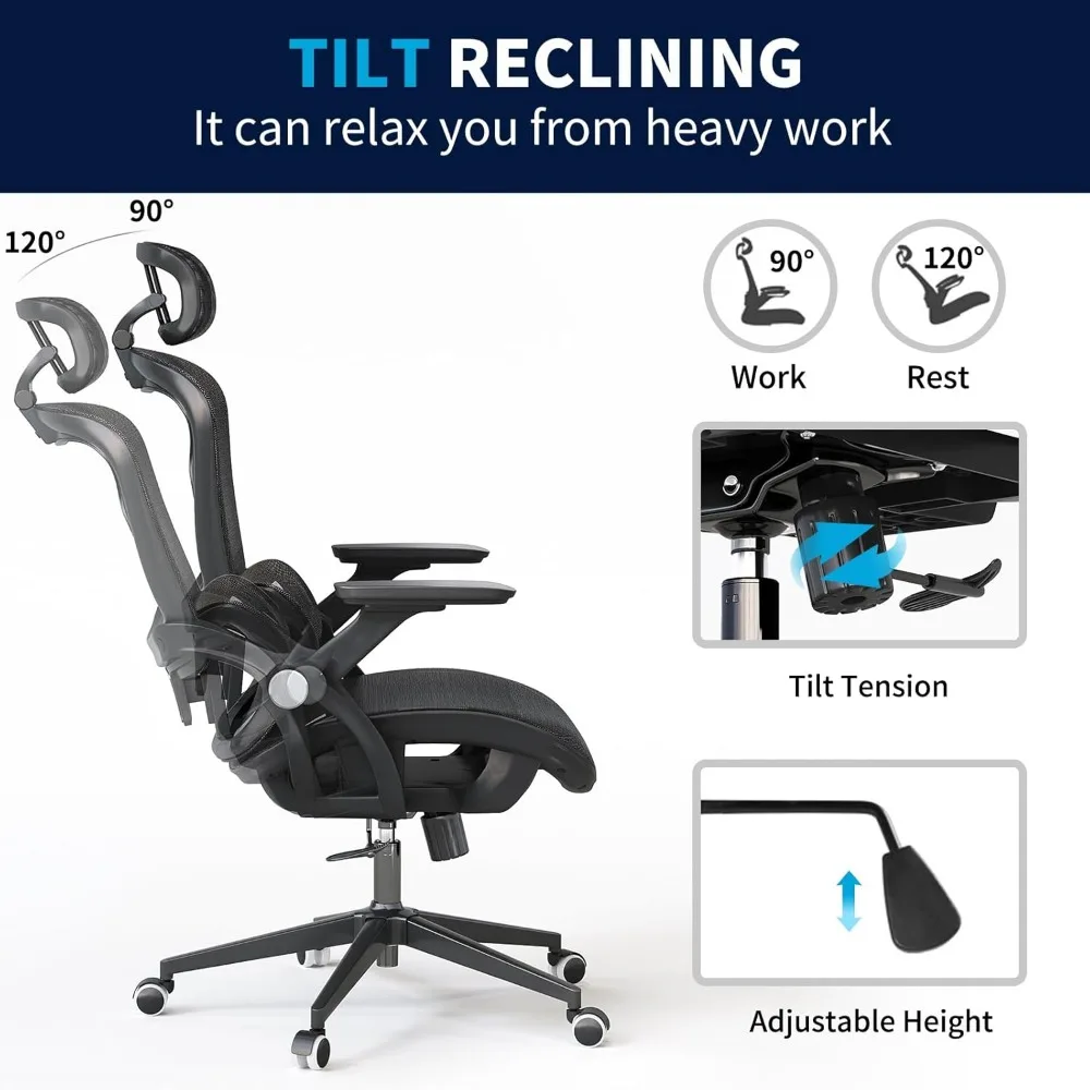 Chaise de bureau ergonomique en maille à dossier haut, chaise de bureau réglable avec soutien lombaire, appui-tête 2D, accoudoirs rabattables 3D