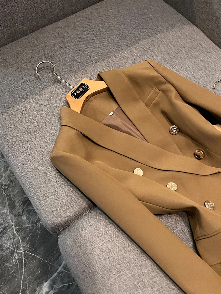 

Winter Waist-Cinching Brown awl Lapel Coat Profional Commute Sle Women's Long Sve Double-Breasted Suit Jaet