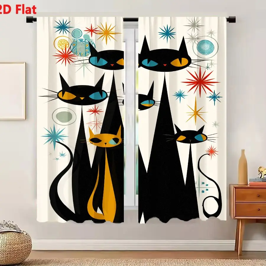 2Pcs Curtains 2D Flat Six Black Cats Mid Century Modern Illustration Retro Geometric Starbursts Abstract Atomic Age Window Drape