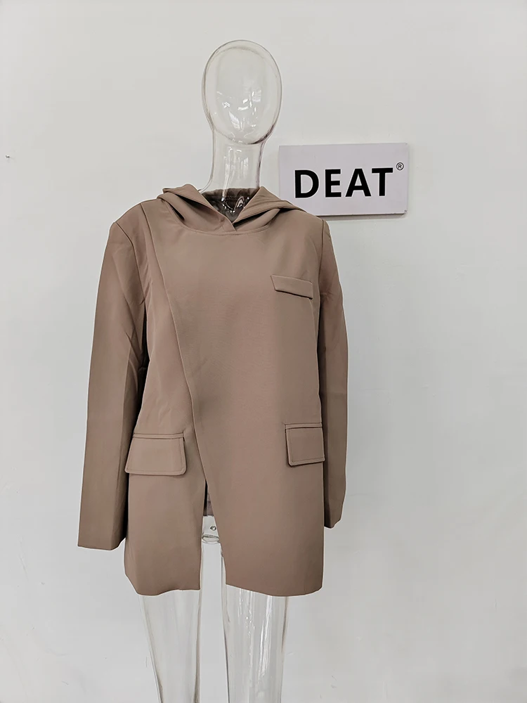 DEAT Fashion Women's Blazer Pullover Hooded Irregular Front Split Designer Solid Color Suit Jackets Summer 2024 New Tide 17A9466