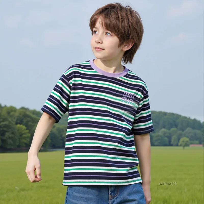 2025 Summer New Boys' Striped T-Shirts Value Children Girls Tops Short Sleeve O-Neck Cotton Kids Clothes 2-10Y image 2