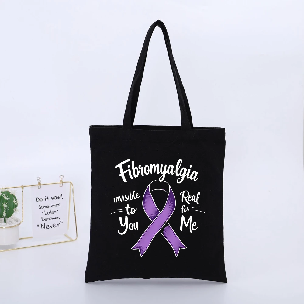 Fibromyalgia Awareness Ribbon Canvas Tote Bag with Typography Print, Ideal for Daily Use and Casual Outings