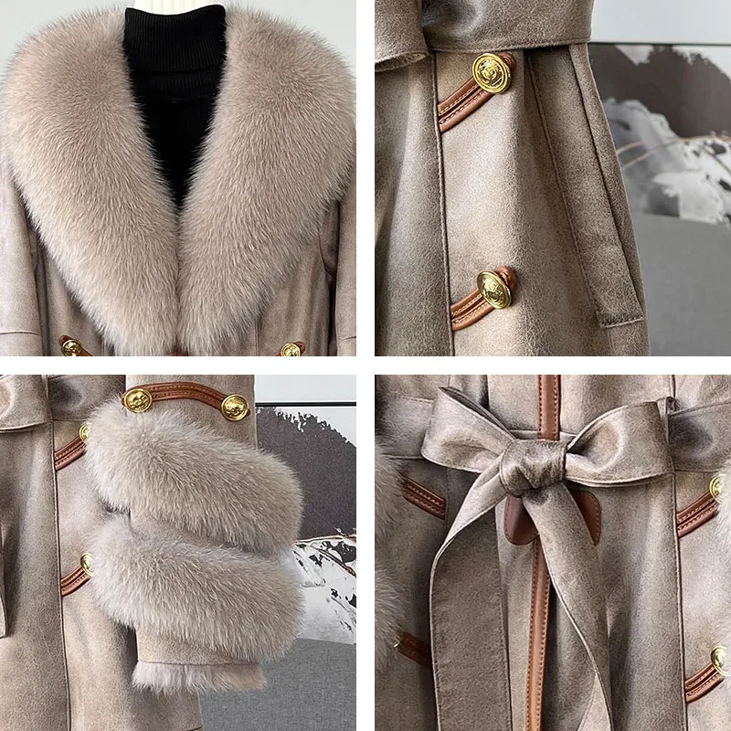 2022 New Genuine Leather Coat Long with Fox Fur Collar Cuffs Double Face Rabbit Fur Clothing Overcoat Winter Warm Luxury Button