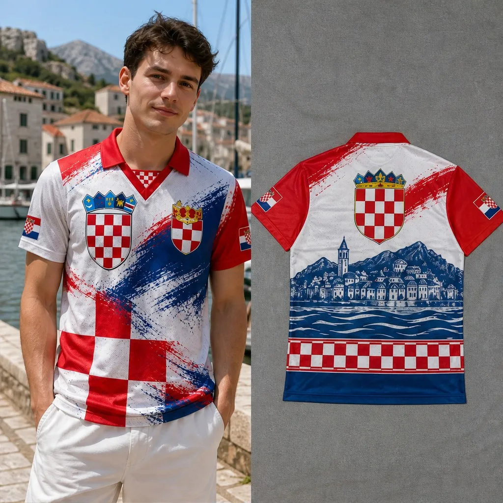 Mens Croatia Brush Checker Scenic Graphic Semi Polo V Neck T Shirt Short Sleeve Casual Adriatic Style Jersey Top Daily City Look