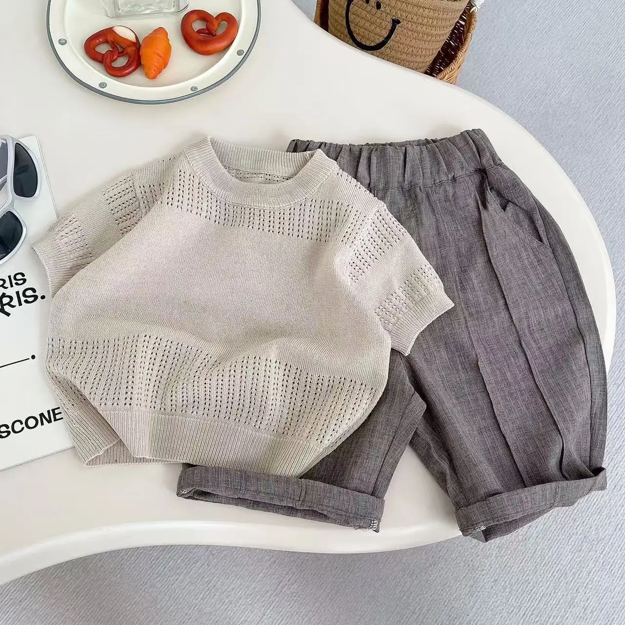 

Baby Boys Summer Outfits Set Baby Ginkgo Hollow Knitted Shirt+Grey Blazer Kid Casual Nine Point Pants 2PCS Set Trendy 1-5Y
