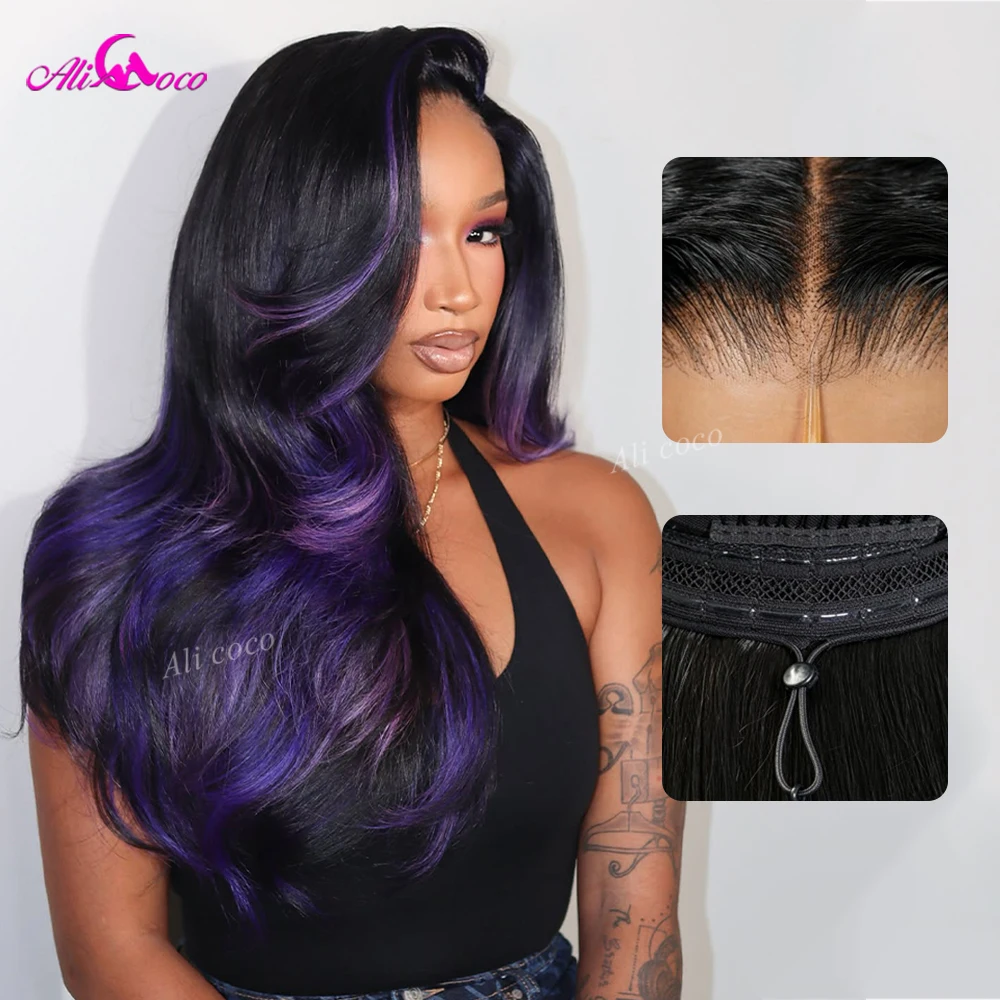 Pieces of Dark Purple Highlights 13x6 Lace Front Human Hair Glueless Wig 200 Density Body Wave Drawstring Wig for Women