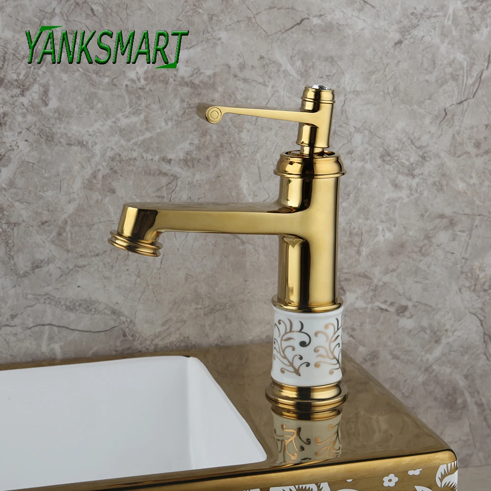 

YANKSMART Luxury Gold Plating Ceramics Bathroom Basin Sink Faucet Single Handle Deck Mounted Faucet Cold & Hot Water Mixer Tap