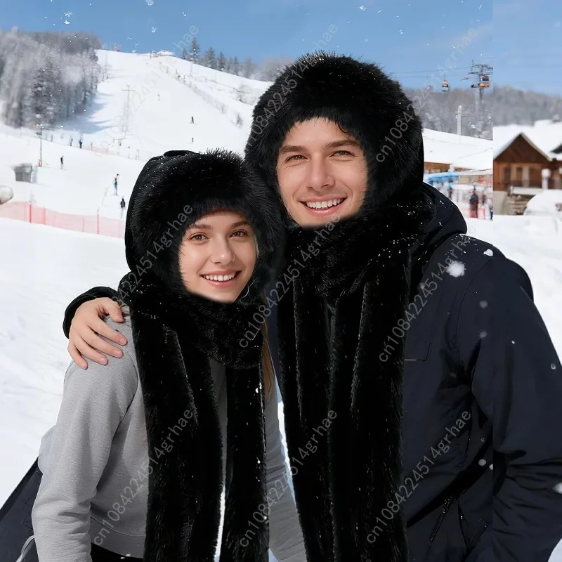 وشاح بغطاء للرأس للنساء للشتاء - قفازات وشاح من الفرو الصناعي 3 في 1 مجموعة ناعمة وسميكة ودافئة