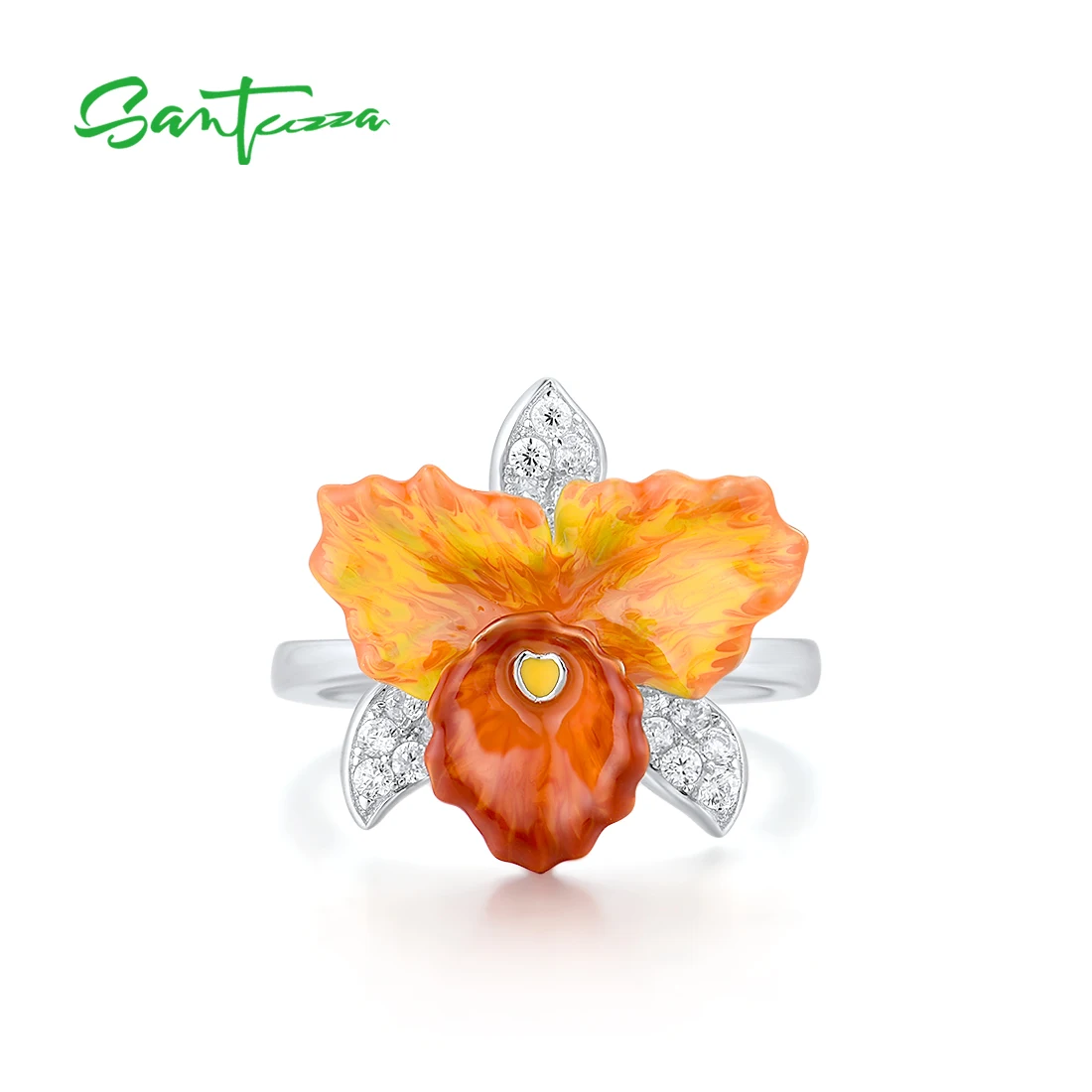 SANTUZZA Genuine 925 Sterling Silver Rings For Women Sparkling Orange Orchid Enamel Flower Glamorous Wedding Gifts Fine Jewelry