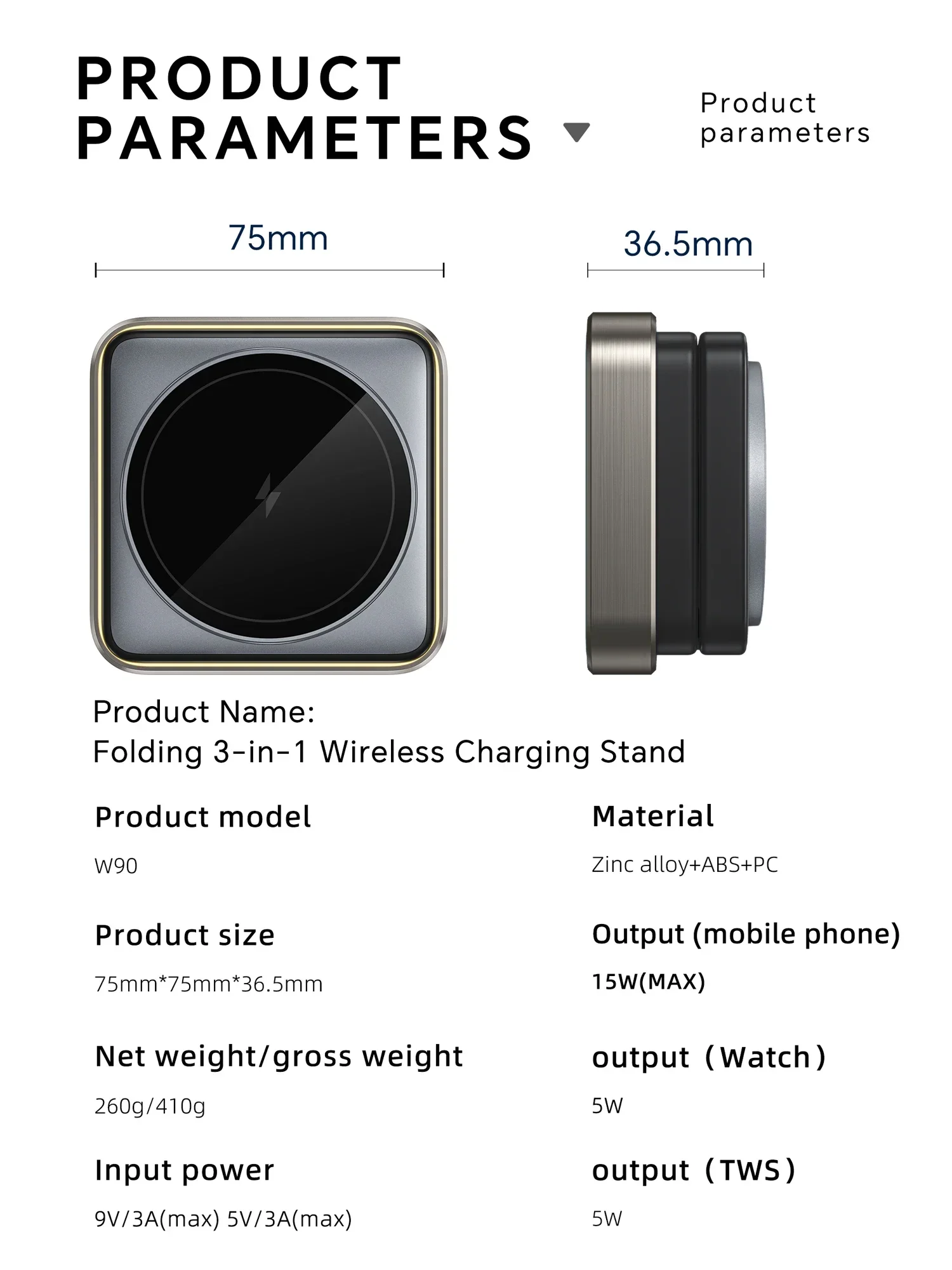 Foldable Magnetic 3 in1 Wireless Charger Metal Base with Ambient Light for Phone,Earphone,Watch 3 Devices Charger Simultaneously