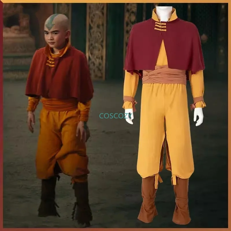 Aang Cosplay Costume Red Cloak Top Pants Shoes Last Cosplay Airbender Fantasia Disguise Halloween Carnival Party Clothing Set