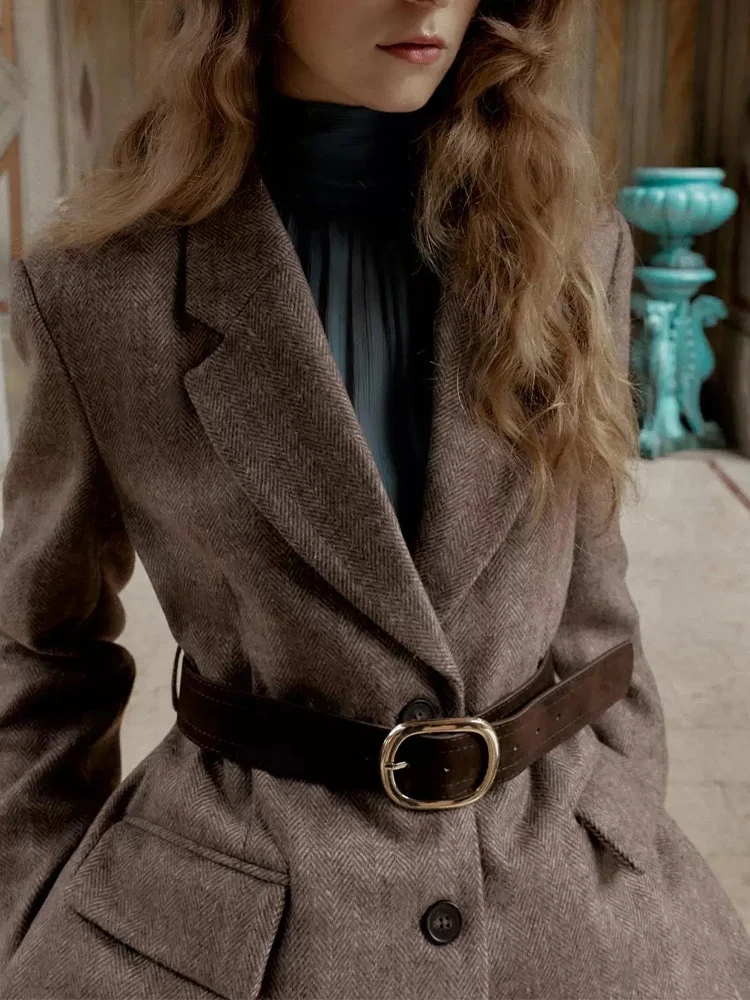 

European and American style 2025 winter new women's casual long-sleeved suit jacket with belt herringbone pattern