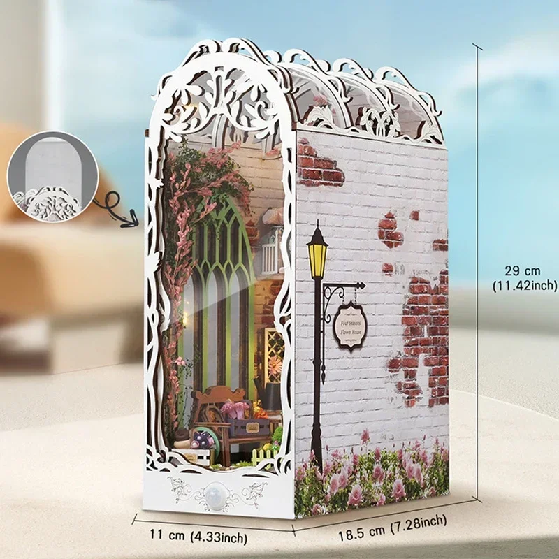 

Flower House Home Bookend Desk Decoration, NEW Retro DIY Wooden Book Nook Shelf Insert Miniature Kits For Adult Handmade Gifts