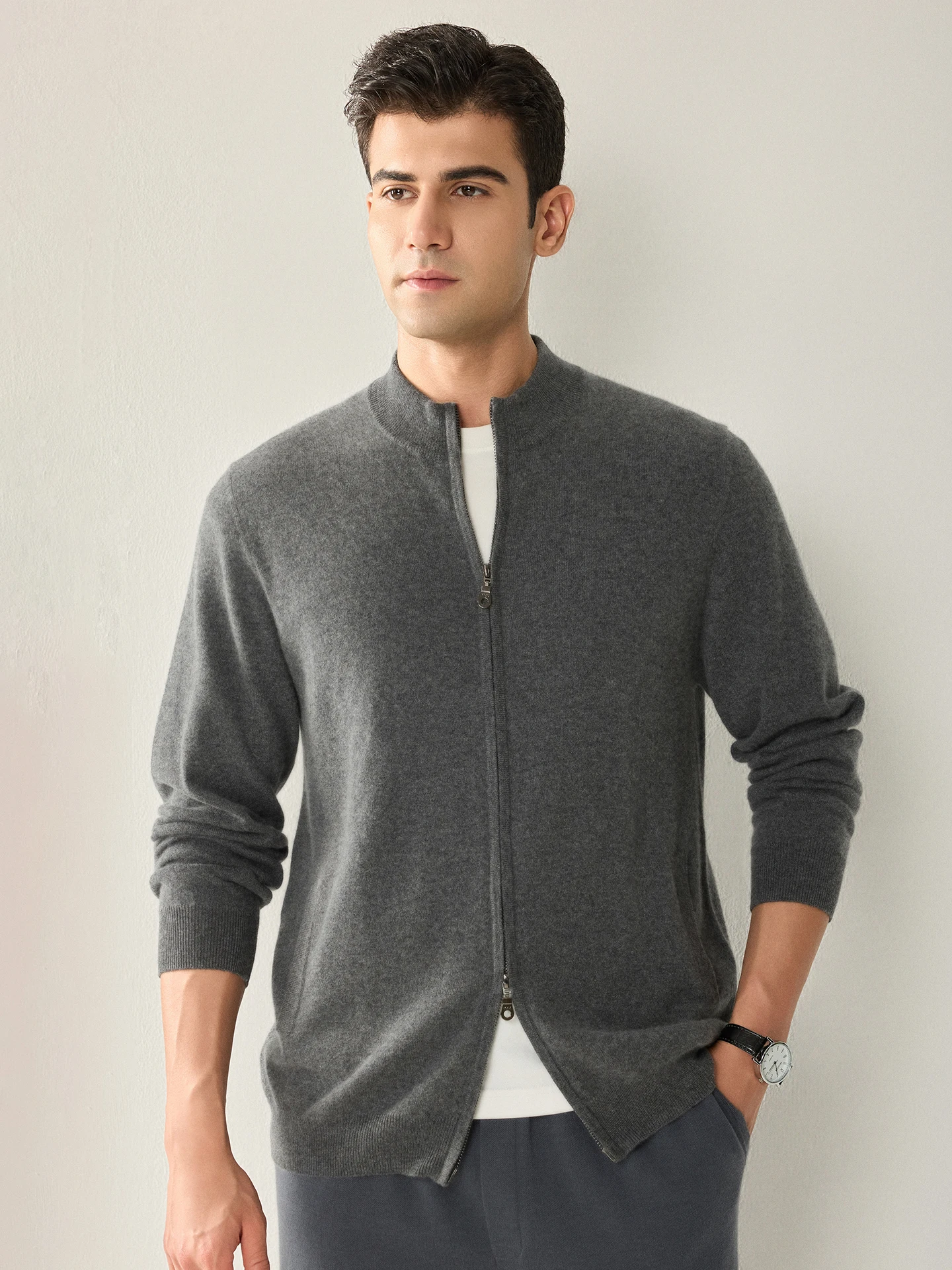 TLOML Men's 100% Cashmere Sweater Mock Neck Two-way Zipper Cardigan Autumn Winter Cashmere Knitwear Soft Smart Casual Thick Coat