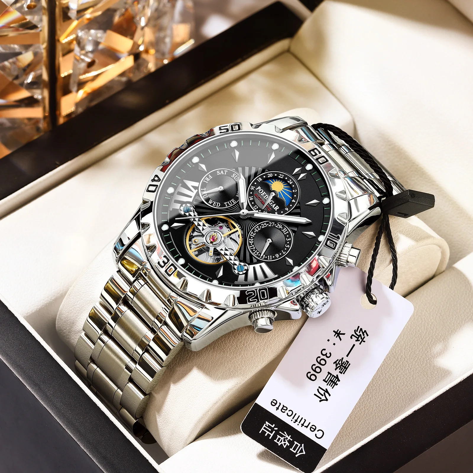 POEDAGAR Men's Automatic Mechanical Watch Multifunctional Moon Phase Luminous Waterproof Men's Watches Original Stainless Steel