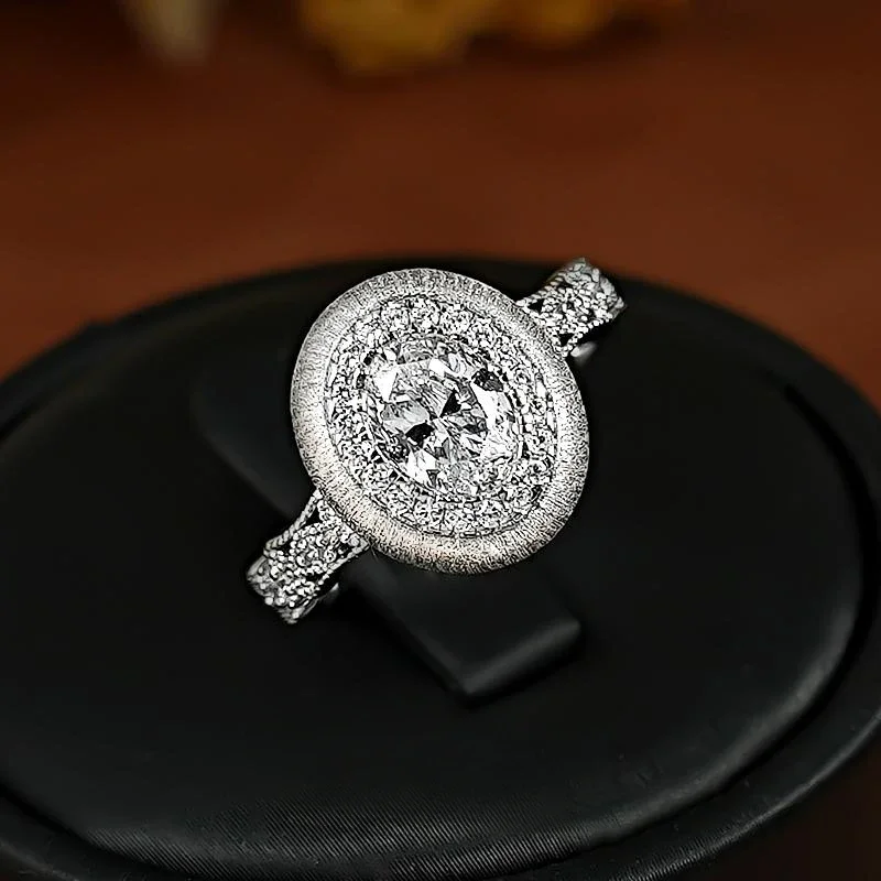 925 silver ring, antique Buchi style metal brushed egg inlay, cultivated high carbon diamond, light luxury, high-end retro