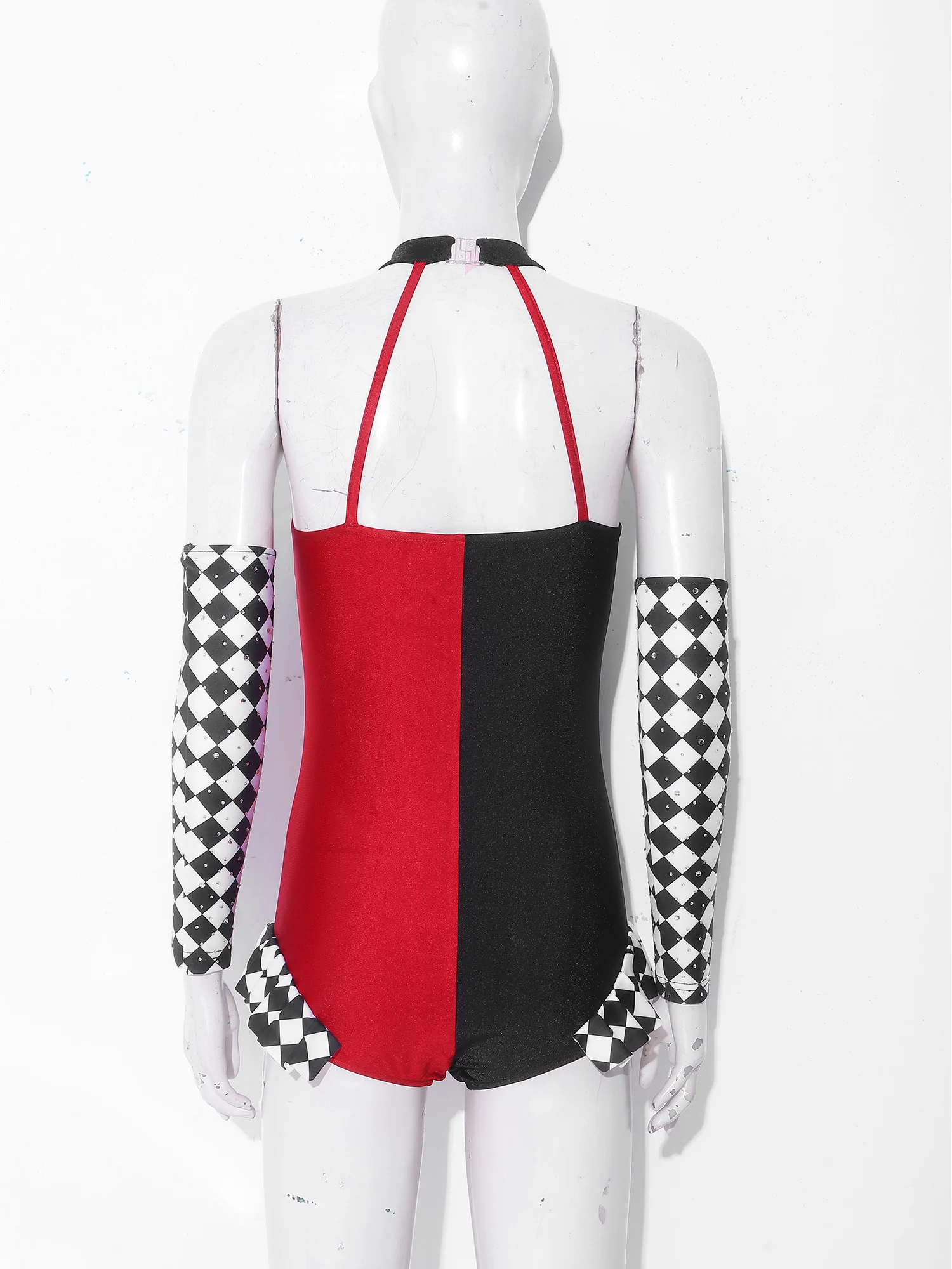 Women Clown Joker Medieval Circus Clown Cosplay Costume Halter Ruffled Color-blocking Checkerboard Jester Dance Leotard+Gloves view 4