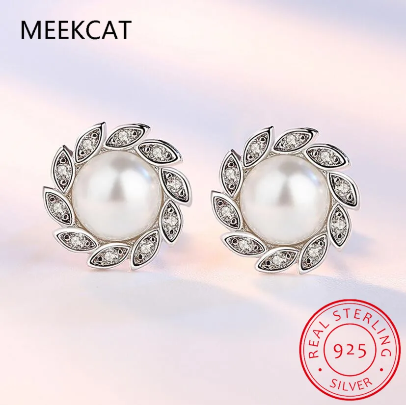 Real 925 Sterling Silver Sweet Leaves Synthesis Pearl CZ Stud Earrings For Daughter Student Birthday Jewelry DE0084