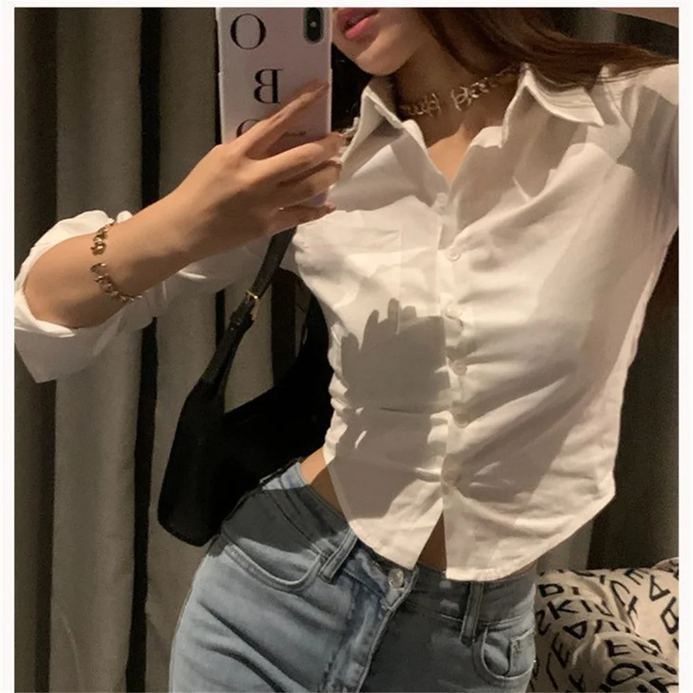 

White Long Sleeve Shirts Women Solid Short Slim Waist Sexy Hot All-match Spring Autumn Tops Turn-down Collar Female Blouse Tops