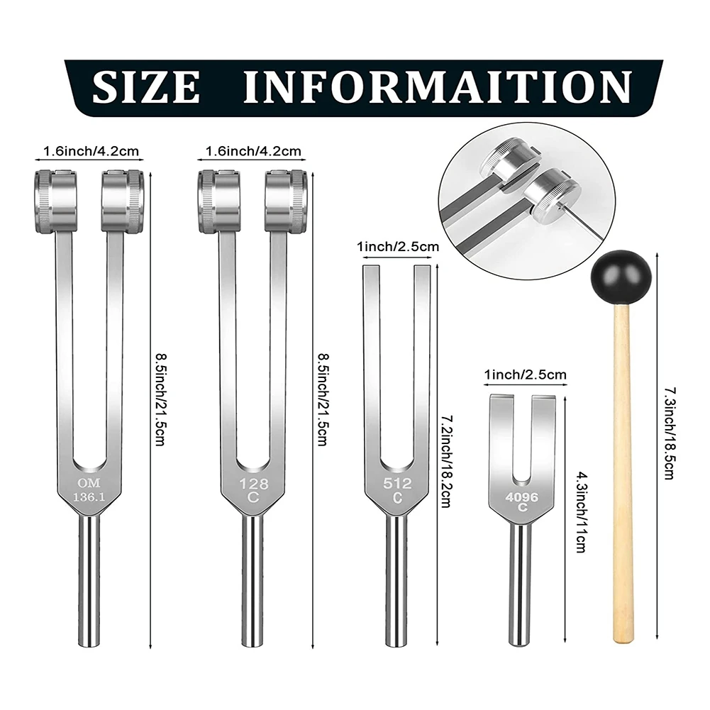 Juego de diapasones (128 Hz, 136,1 Hz, 512 Hz, 4096 Hz) de diapasones con martillo reflejo para curar chakras, curación musical F