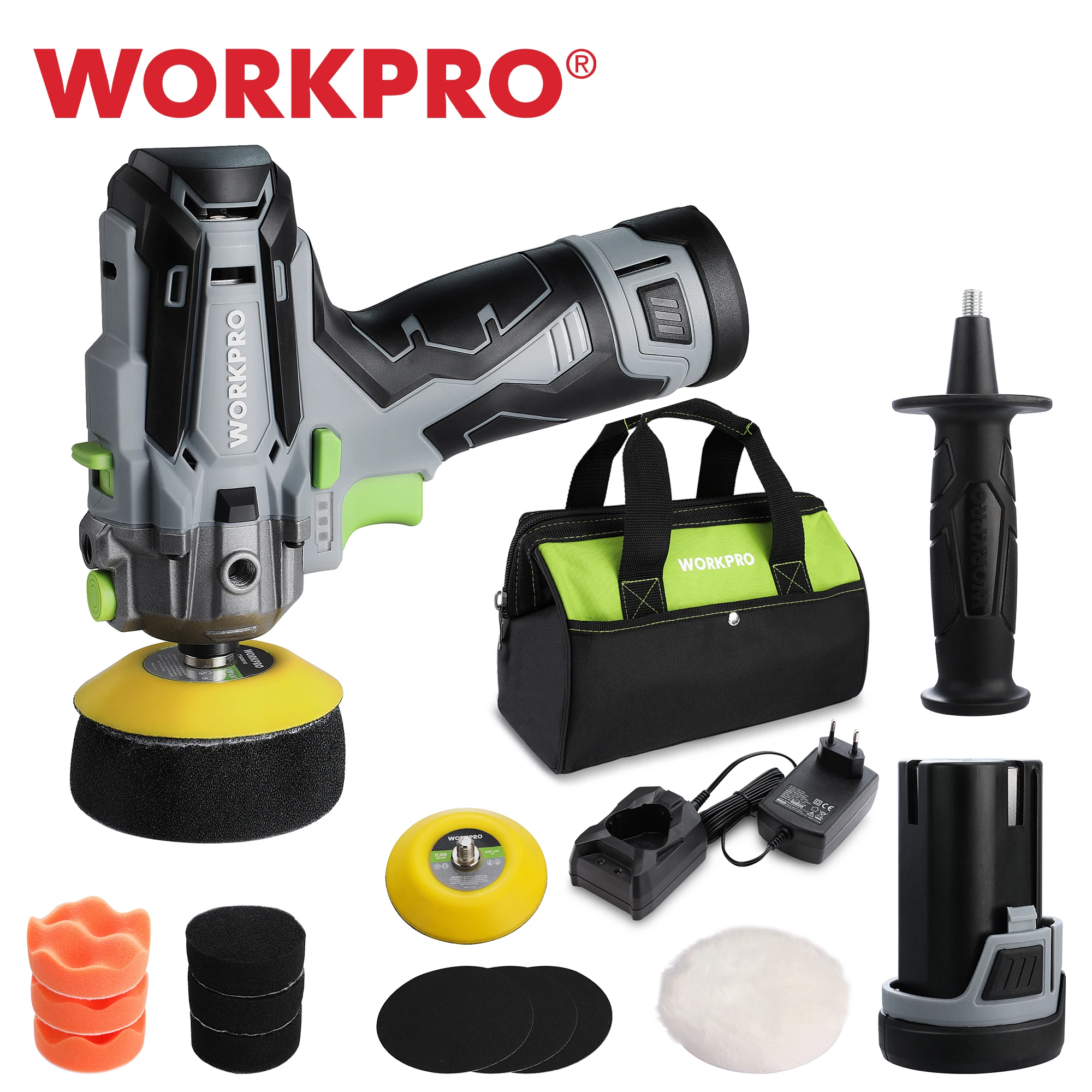 WORKPRO-12V 무선 미니 자동차 디테일링 폴리셔 스크래치 킬러, RO DA 기계 디테일링, 3 인치 패드 액세서리 2 배터리