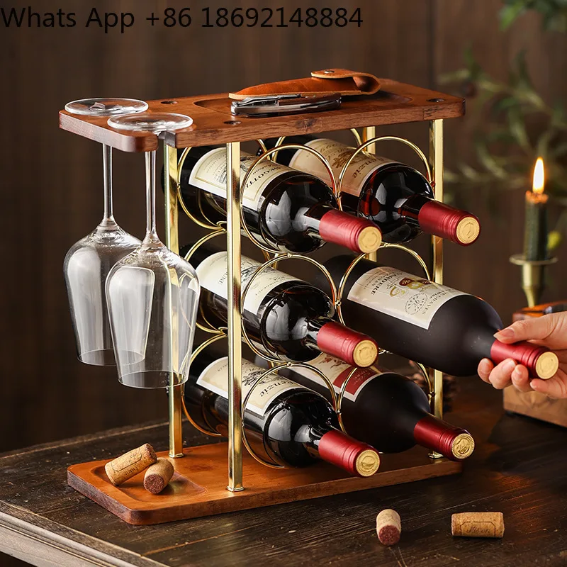 Creative American metal wood bottom red wine glass upside down rack, restaurant bar wine rack ornament