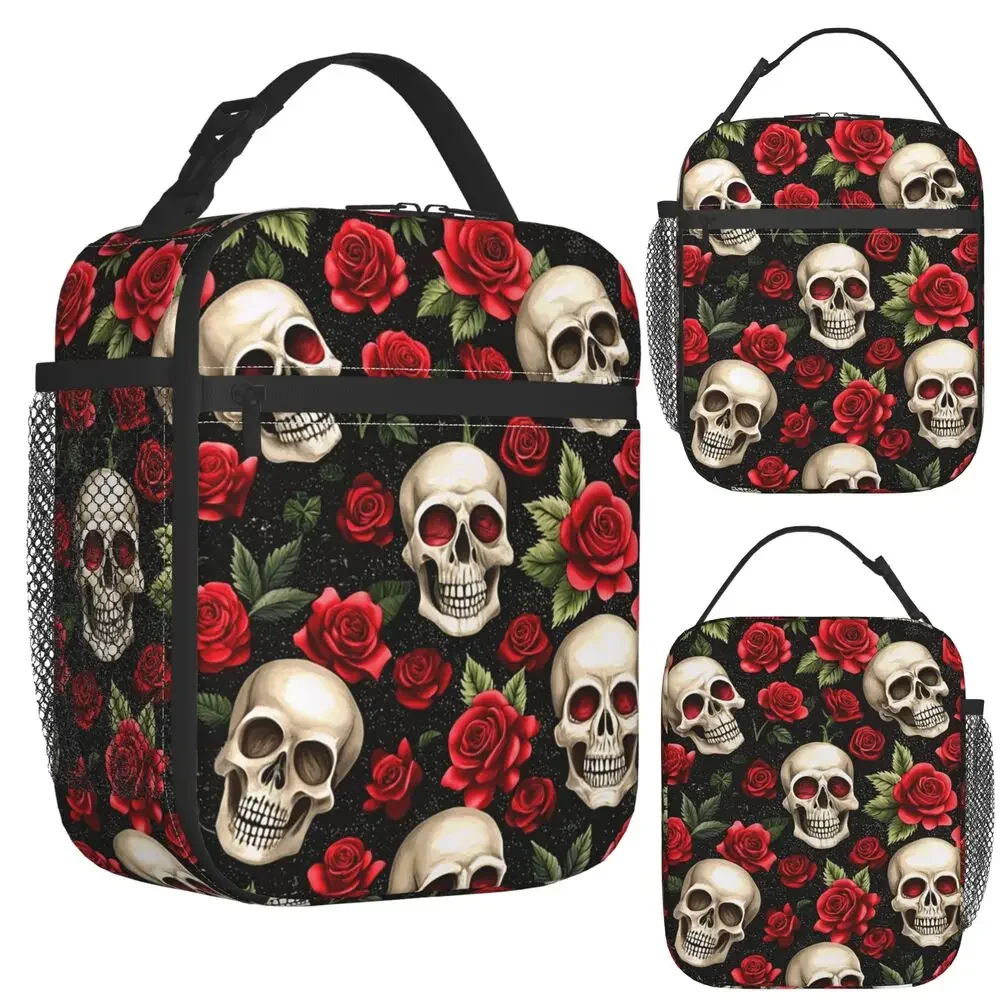 Rose Skull Gothic Style Pattern Insulated Lunch Bag for Women Kids Portable Food Boxes Thermal Lunch Box Tote