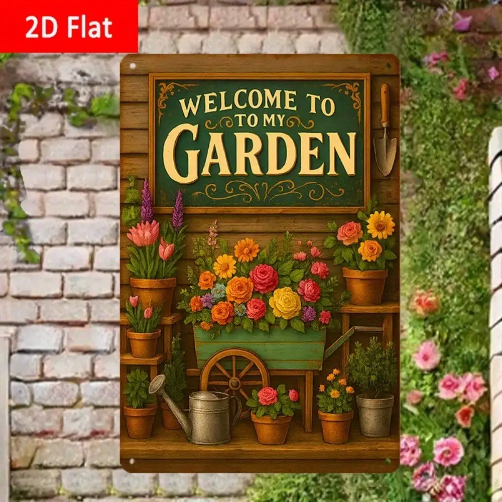 

1PC Tin Sign Garden Welcome - Rustic Floral Scene For Entrance/Greenhouse/Gift, 8x12in/20x30cm