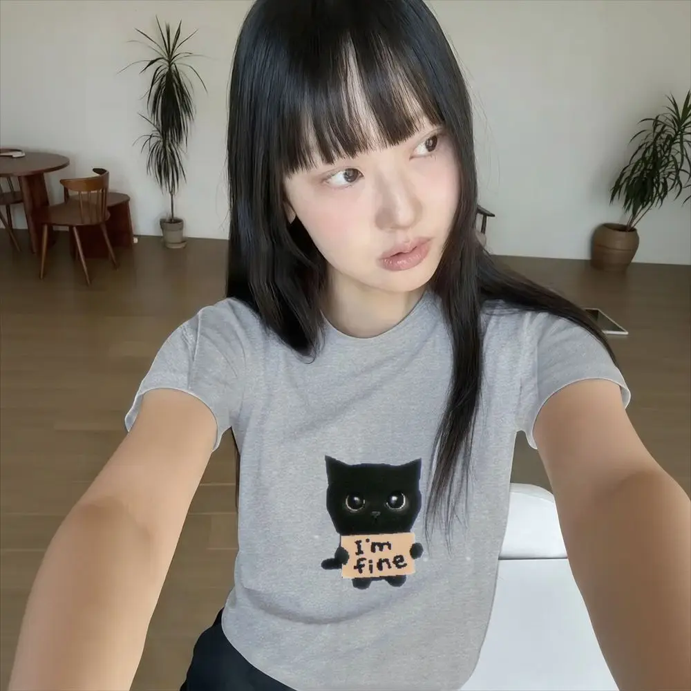 Vintage Black Cat Graphic T-Shirt Im Fine Women Tee Summer Short Sleeve Cute Print Y2k Streetwear Harajuku Casual Female Tops view 2