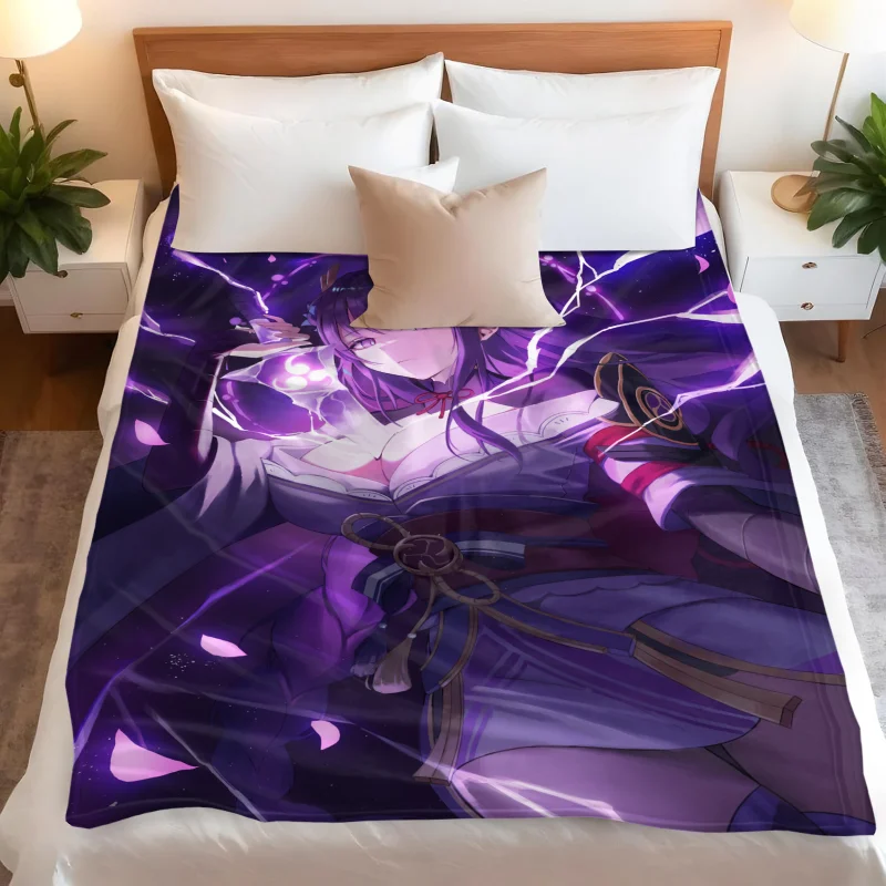Anime Raiden Shogun Flannel Blanket - Genshin Impact Electro Archon All-Season ACG Throw