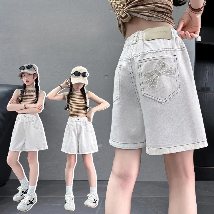 

Kids Denim Shorts Back Pocket with Diamond Butterfly for Teen Girls Casual Summer Shorts Children Cool Street Knee Casual Pants