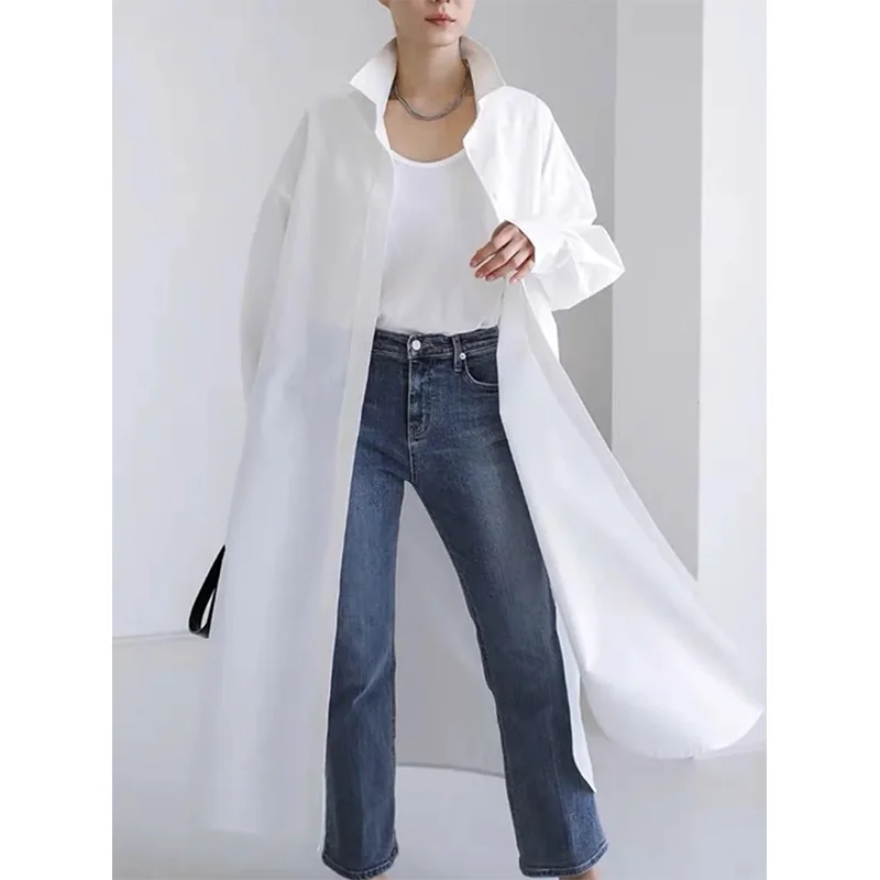 Krisnanas New Fashion Long Sleeves Loose Buttoned Solid Color Split-side Lapel Collar Outerwear Shirts Coat White Tops for Women