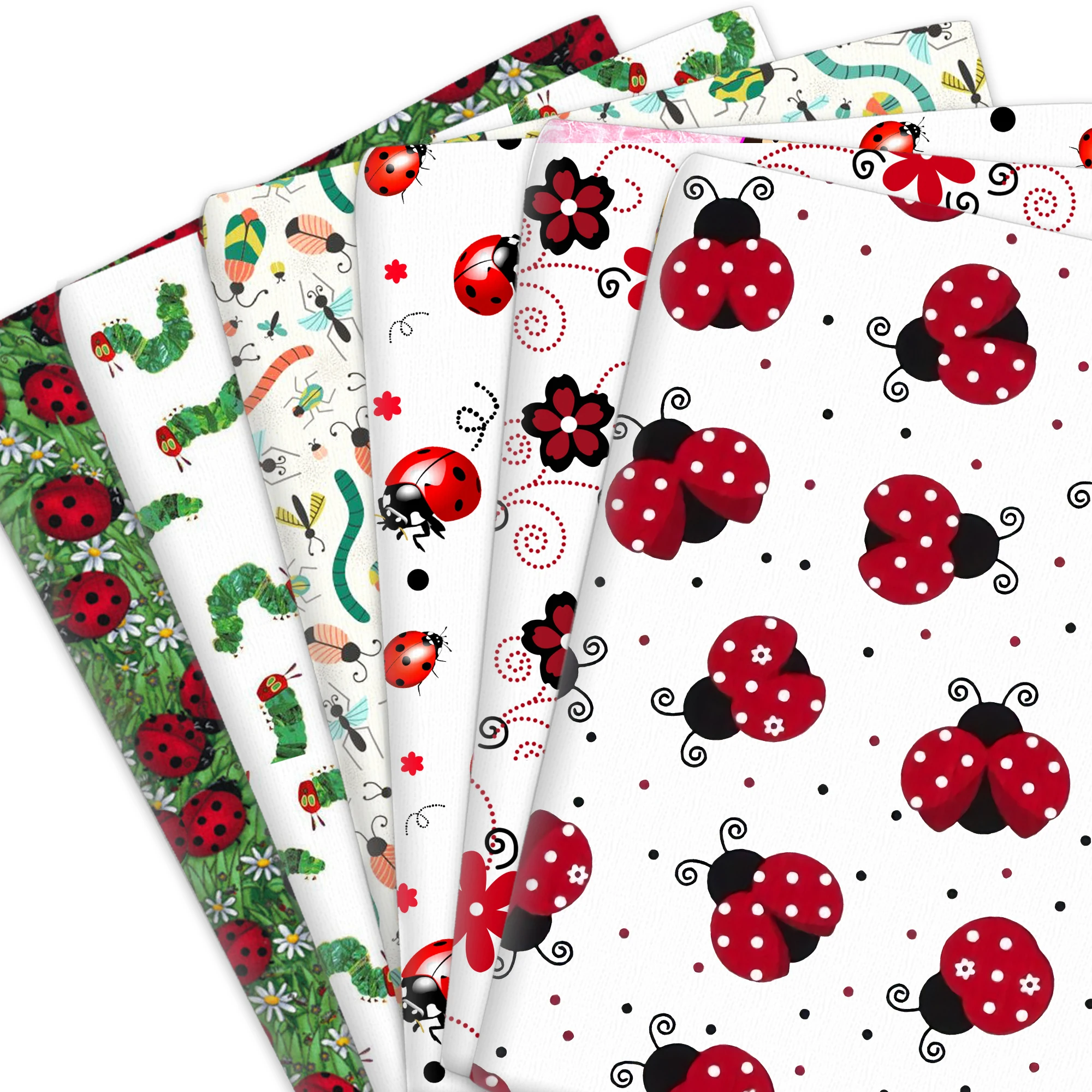 Tela de Poliéster de 50*145cm con Diseño de Plantas, Orugas, Mariquitas y Pájaros para Manualidades, Costura y Acolchado