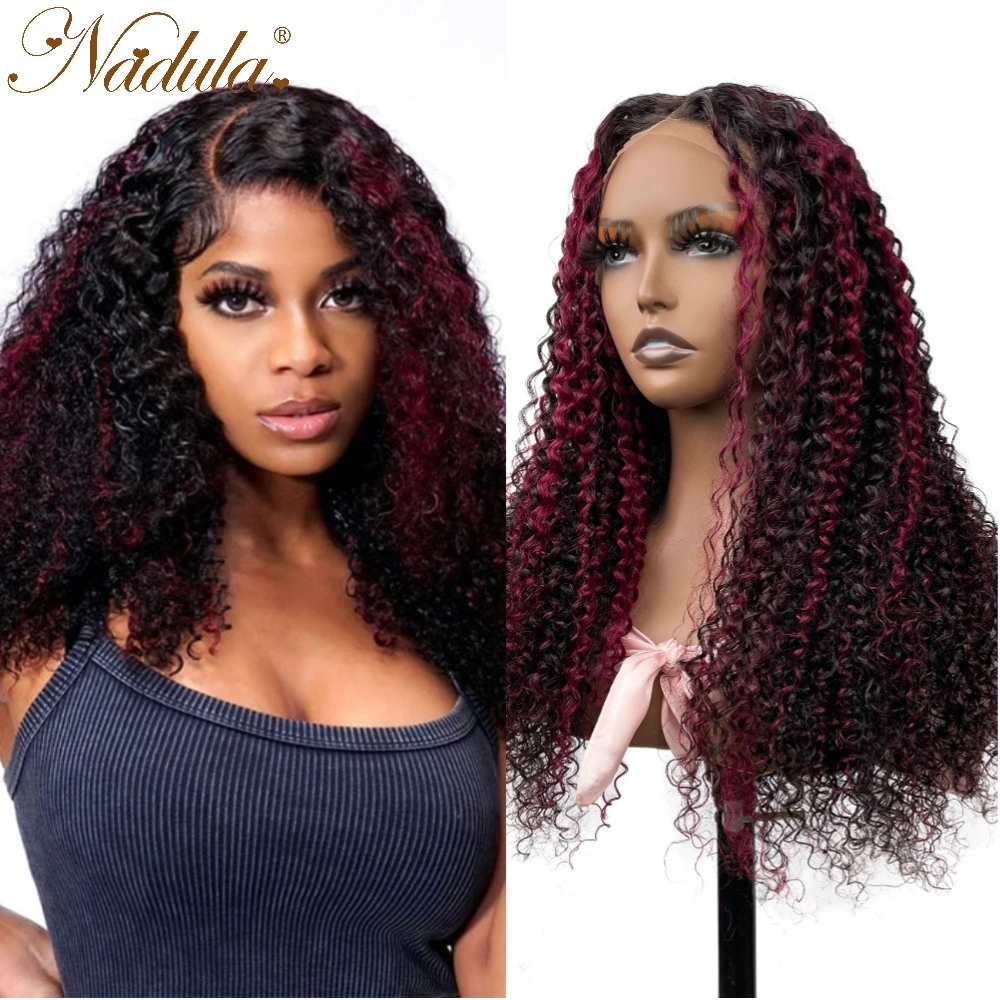 Nadula Hair Dark Burgundy With Rose Red Highlights Curly 13X4 Lace Front Wigs 150% Density For Woman Ombre Highlight Human Hair