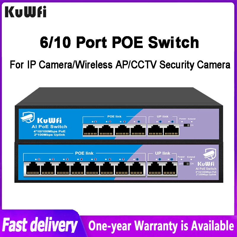 

KuWFi PoE Switch 6/10 Port AI Ethernet Switch Rj45 Lan 10/100Mbps IEEE802.3AF/AT 52V For IP Camera/Wifi Router/Wireless AP/CCTV