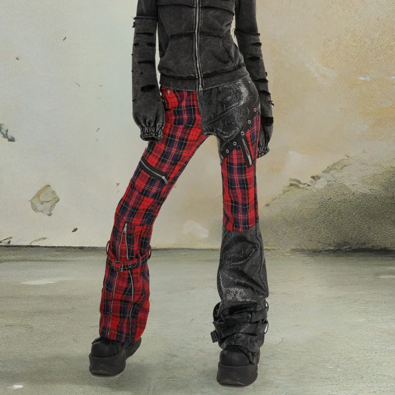 Punk Street Leather Black Red Plaid Street Slim Fashion Trousers Spring Autumn Personalized Girl Versatile High Waist Trouserses