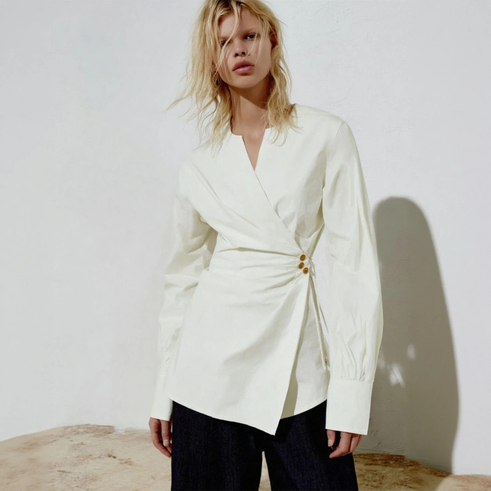 เสื้อเชิ้ตแขนยาวเรียบหรูสำหรับผู้หญิง คอผ่า ช่วงเอวเข้ารูป สไตล์สาวออฟฟิศ สำหรับฤดูใบไม้ร่วง