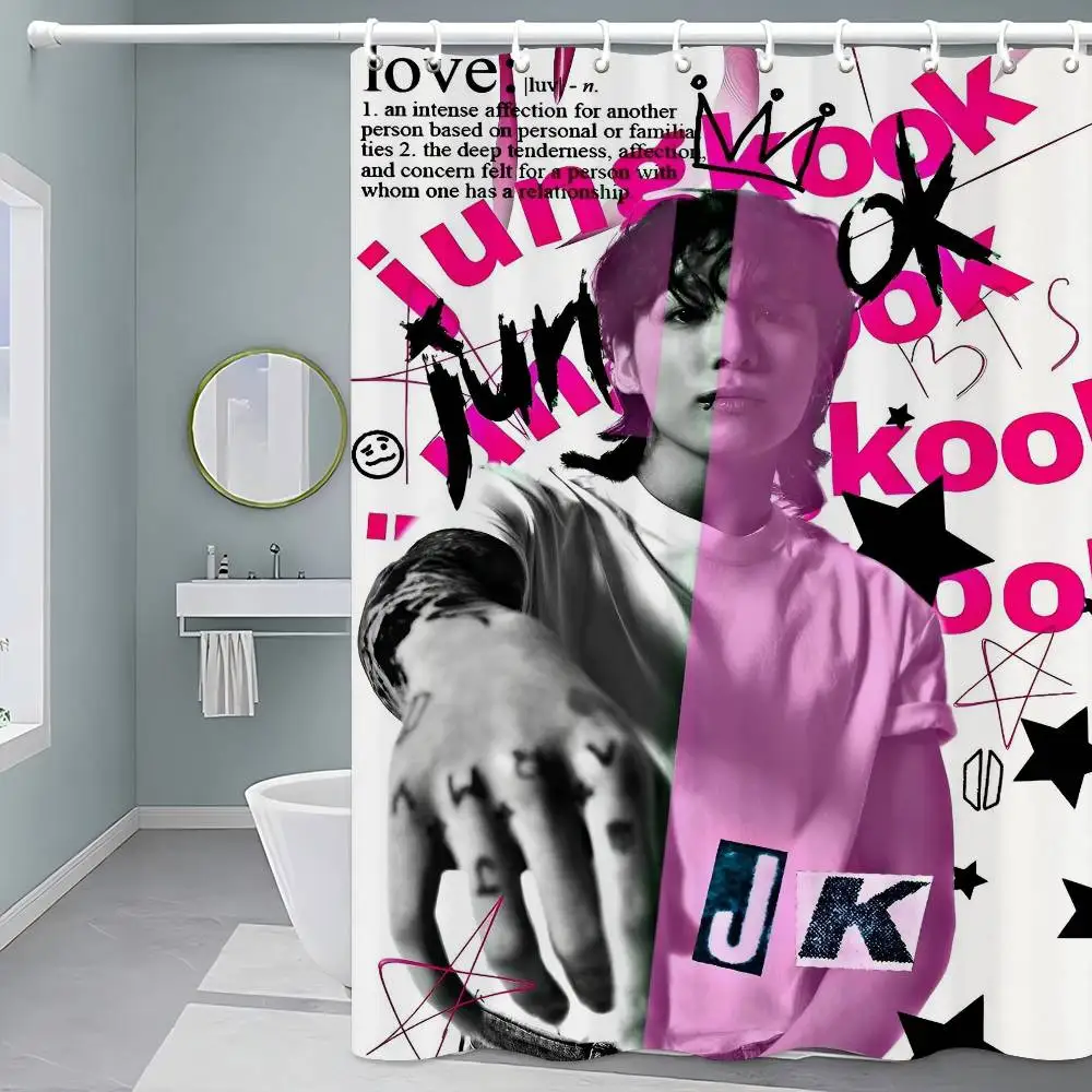 KPOP J-Jung K-Kook ستارة الحمام الكلاسيكية أنيمي النسيج دش الستار مع 12 السنانير ديكور الحمام مقاوم للماء