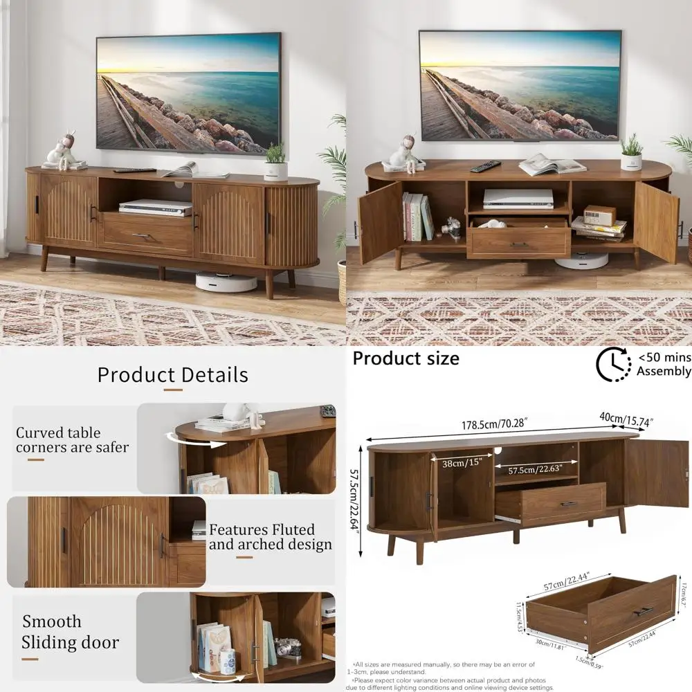 

Mid-Century Modern 70 Fluted TV Stand, Entertainment Center for TVs up to 80 with Drawers and Doors, Curved Media Console