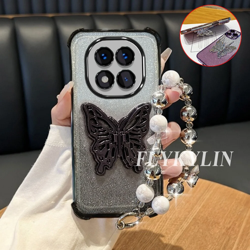 For Samsung S26 S25 S24 S23 S22 S21 Plus Ultra Edge S20 Electroplated Butterfly Bracket With Bead Chain Protective Soft Shell