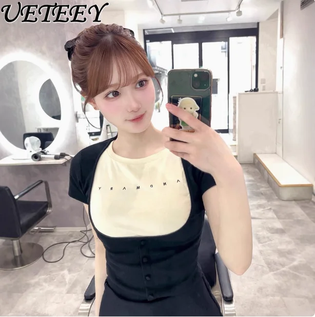 

Летняя футболка в японском стиле с вышивкой буквами и прозрачной талией для похудения, футболка с короткими рукавами, эластичная облегающая черная футболка