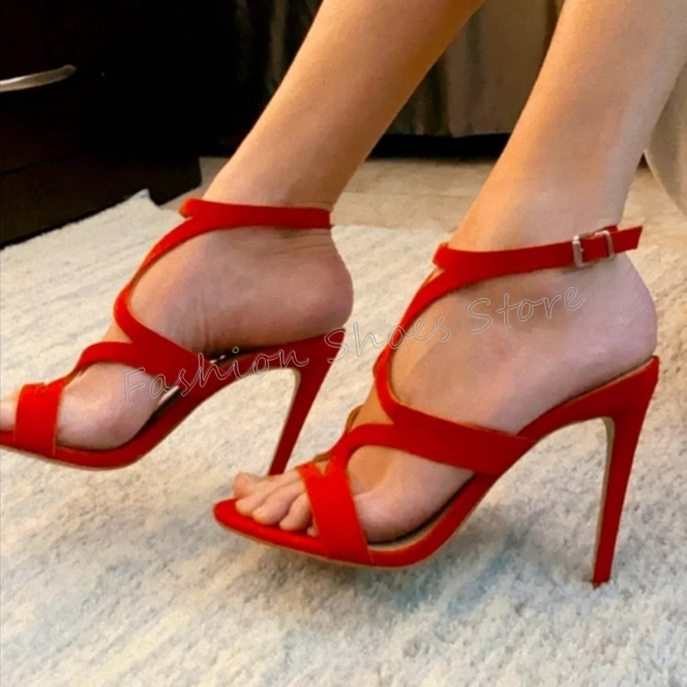

Red Hollow Out Open Toe Sandals Ankle Buckle Stilettos High Heels High Heel Shoes for Women Heels 2025 New Zapatos Para Mujere