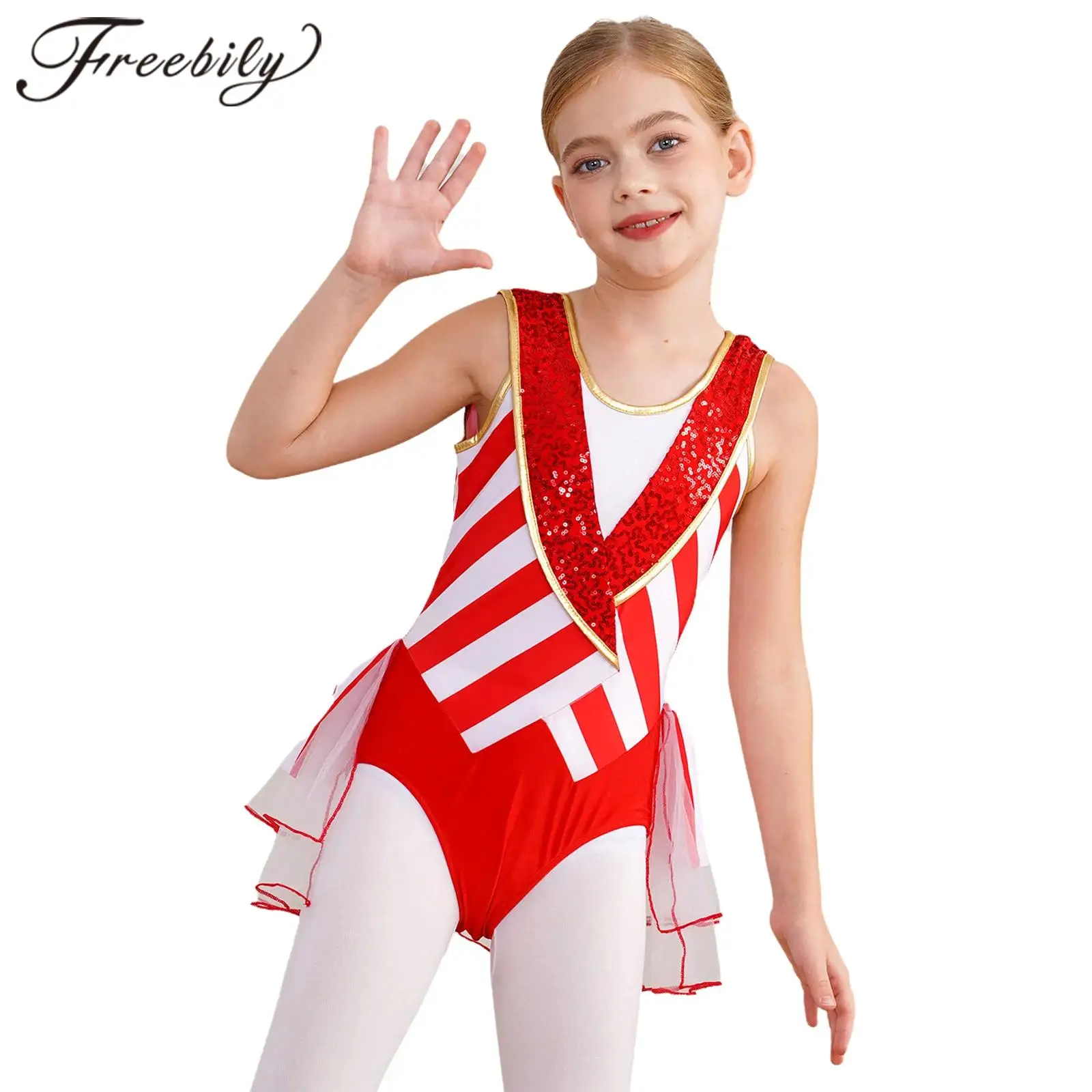 2025 Girls Xmas New Year Costume Christmas Jumpsuit Children Stripes Sequins Jumpsuits Ballet Dance Leotard Gymnastic Bodysuit