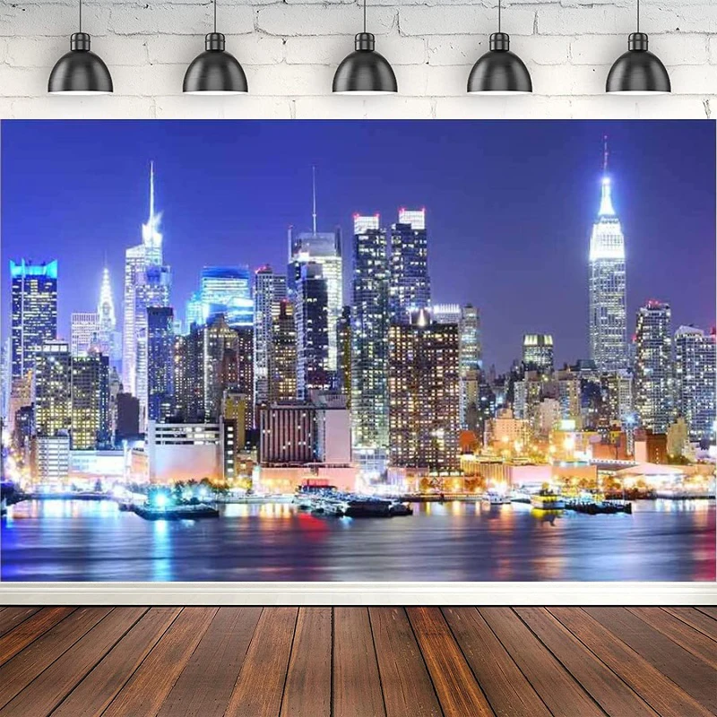 New York City Photography Backdrop Manhattan Night Scene Skyscraper Urban Light Skyline Christmas Background Photo Studio Props