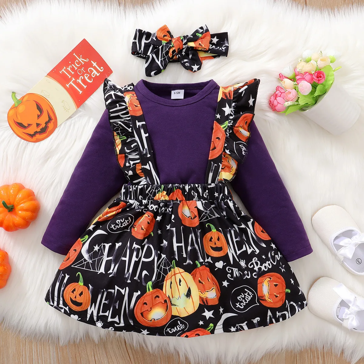 Qunq 2023 Autumn Girls Halloween Costume Long Sleeve Romper + Print Sling And Headband 3 Pieces Set Casual Kids Clothes Age 0-1T