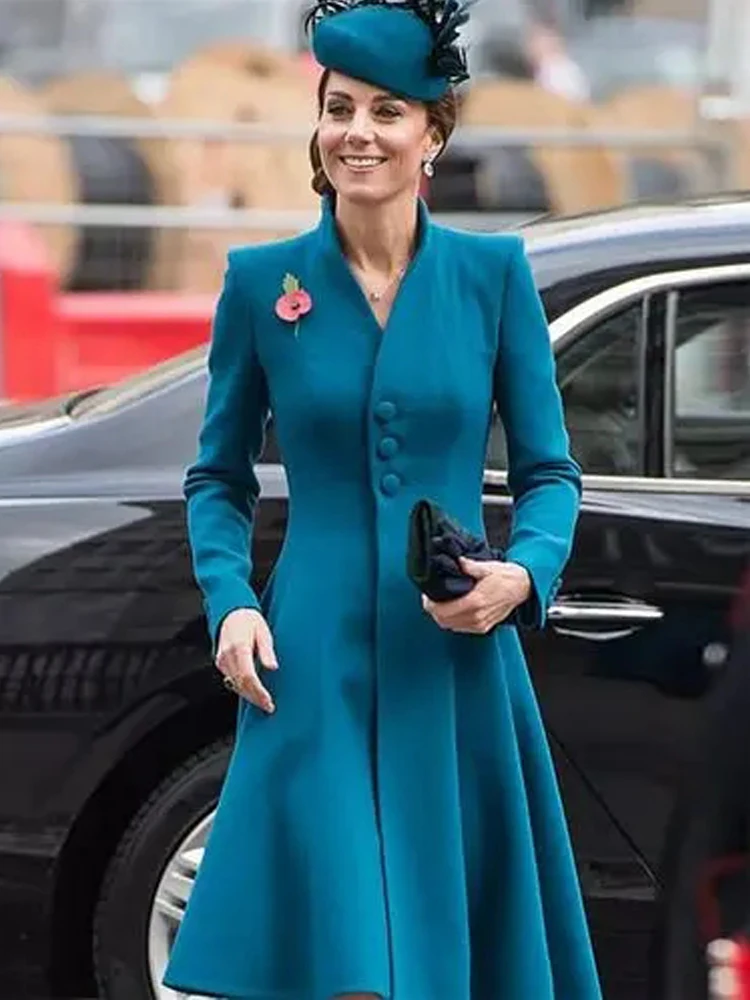 Princess Kate Middleton New Ladies Autumn Luxury Fashion Chic High Quality Slim Vintage Casual Party Office Coat Blue Midi Dress