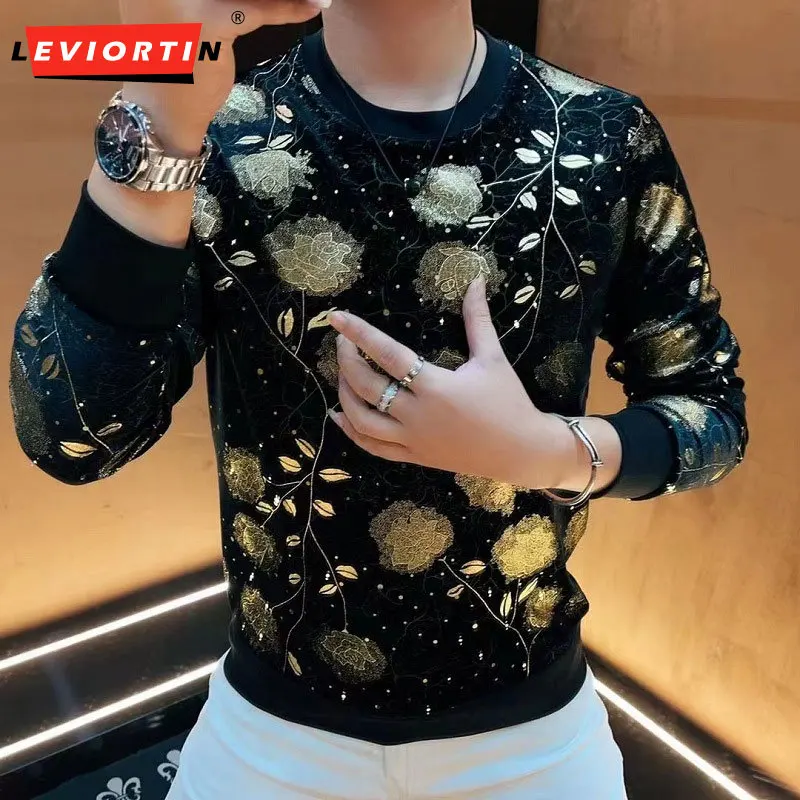 

2024 Autumn/Winter New Fashion Versatile Plush Bottom Shirt with Gold Branch and Jade Leaf Pattern Men's Long Sleeve Sweater