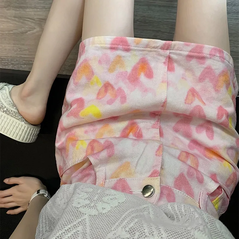 2026 New Pink Denim Mini Skirt Women High Waist Heart Print Jean Skirt Streetwear A-Line Casual Summer Short Skirt view 2
