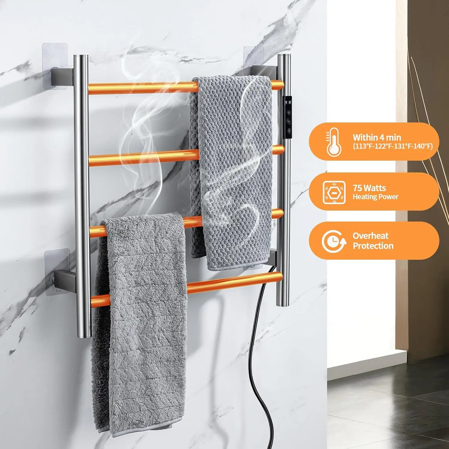 Heated Towel Racks,4 Bars Towel Warmer Rack for Bathroom, Wall Mounted Electric Towel Warmer with Timer, Plug-in/Hardwired